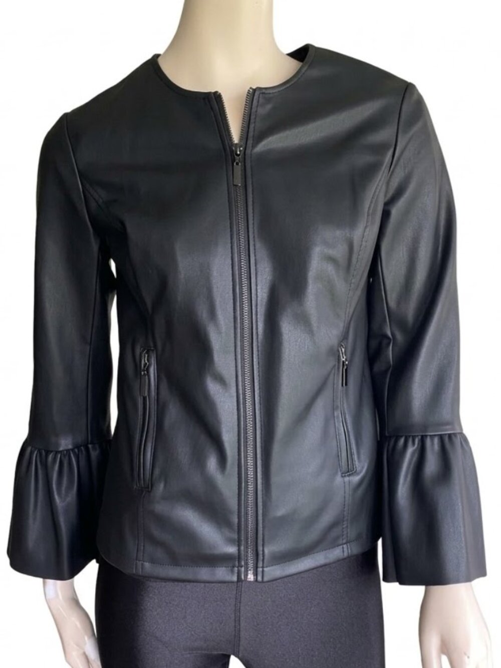 Alfani Black Vegan Leather Bell Sleeve Jacket Oversized XS Zip Front